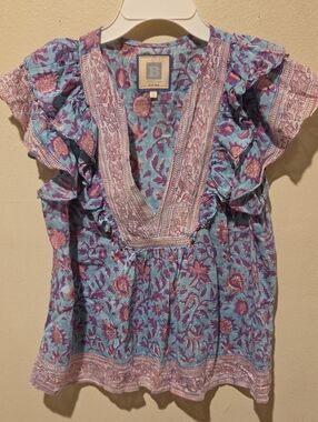 ❤️ ALICIA BELL SILK COTTON BLEND BEADED RUFFLE SLEEVE BOHO TOP, SMALL